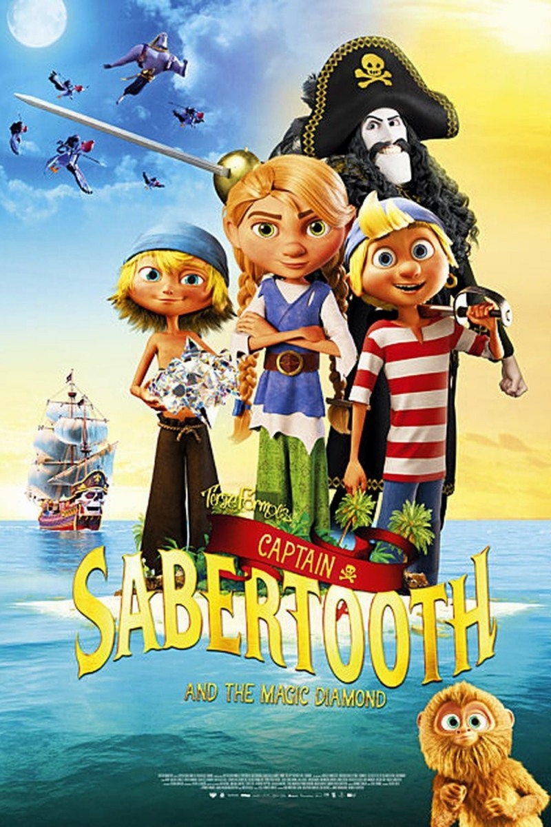 Na plakacie trójka dzieci stojąca na wyspie a znimi kapitan piratów. dokoła rozciągasie ocean.